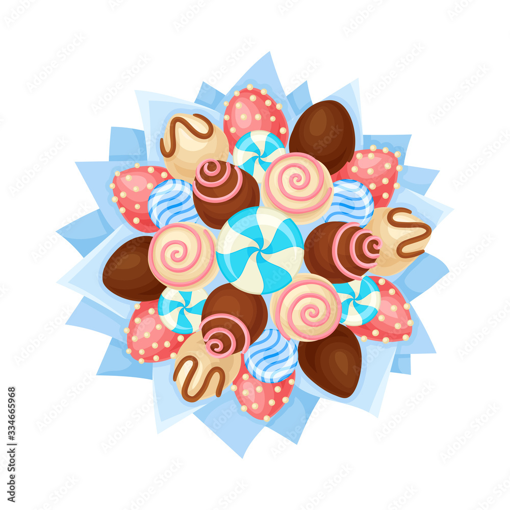 Bouquet of Sweets Chocolate and Caramel Covered with Striped Candies in Paper Wrap View from Above Vector Illustration