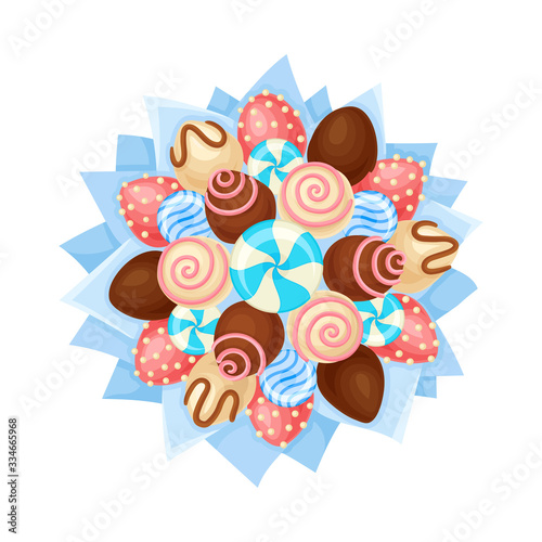Bouquet of Sweets Chocolate and Caramel Covered with Striped Candies in Paper Wrap View from Above Vector Illustration
