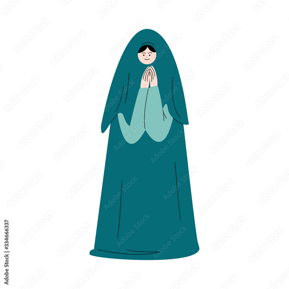Muslim woman in green traditional hijab standing and praying vector illustration Muslim woman in green traditional hijab standing and praying vector illustration