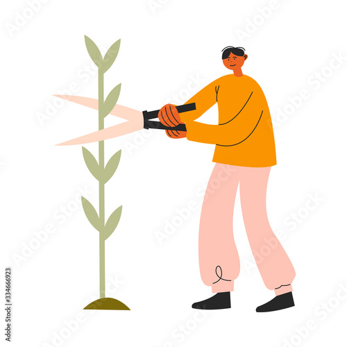 Man farmer sitting and cutting plant vector illustration photo