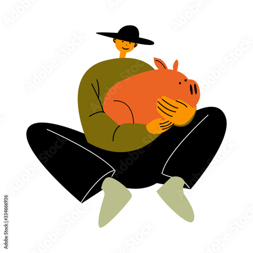 Man farmer sitting and holding pig in hands vector illustration photo