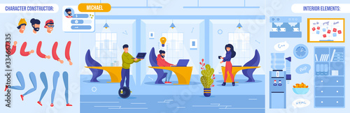 Coworker Character Constructor. Interior Element Set. Office Daily Work Routine. Man Working on Laptop Riding Monocycle, Woman Bringing Coffee, Guy Brainstorming at Workplace. Vector Illustration