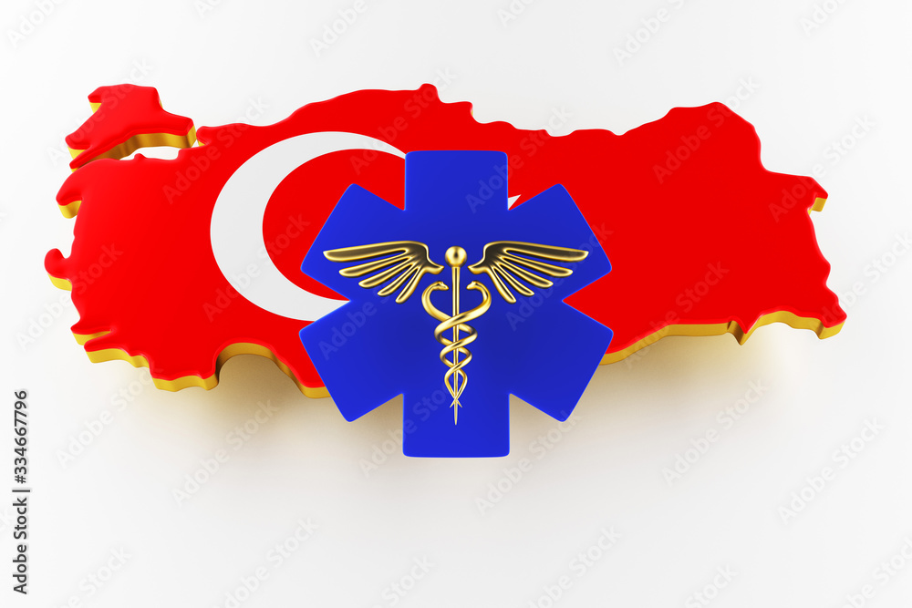 Caduceus sign with snakes on a medical star. Map of Turkey land border with flag. Turkey map on white background. 3d rendering Caduceus sign with snakes on a medical star. Map of Turkey land border with flag. Turkey map on white background. 3d rendering