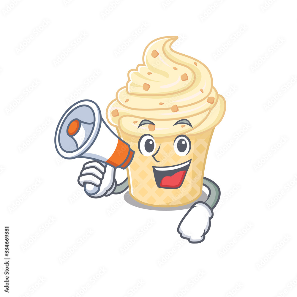 Cartoon character of vanilla ice cream having a megaphone