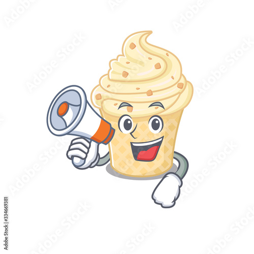 Cartoon character of vanilla ice cream having a megaphone