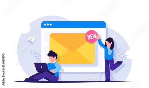 Web email service. People near the open browser tab with a notification of the new letter. Modern flat vector illustration.