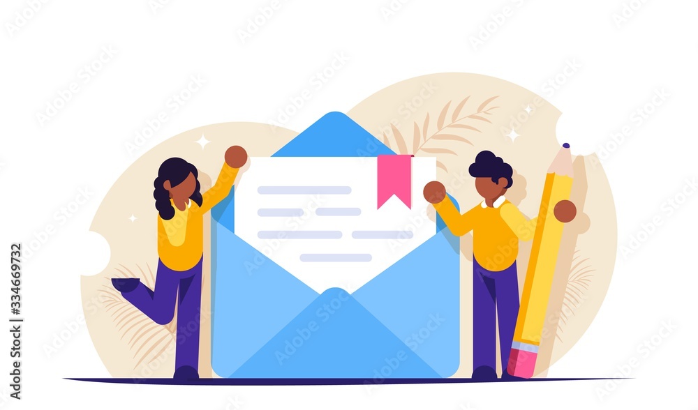 Process of writing a new letter. Email marketing concept. People stand near an envelope with a paper document. Modern flat vector illustration.