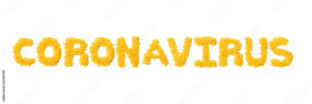 Inscription Coronavirus of the English alphabet from macaroni tubes on a white isolated background.Meal and medical pattern.Sign from a photo of real pasta Inscription Coronavirus of the English alphabet from macaroni tubes on a white isolated background.Meal and medical pattern.Sign from a photo of real pasta