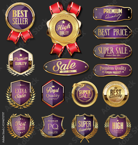 Collection of golden badges and labels retro style