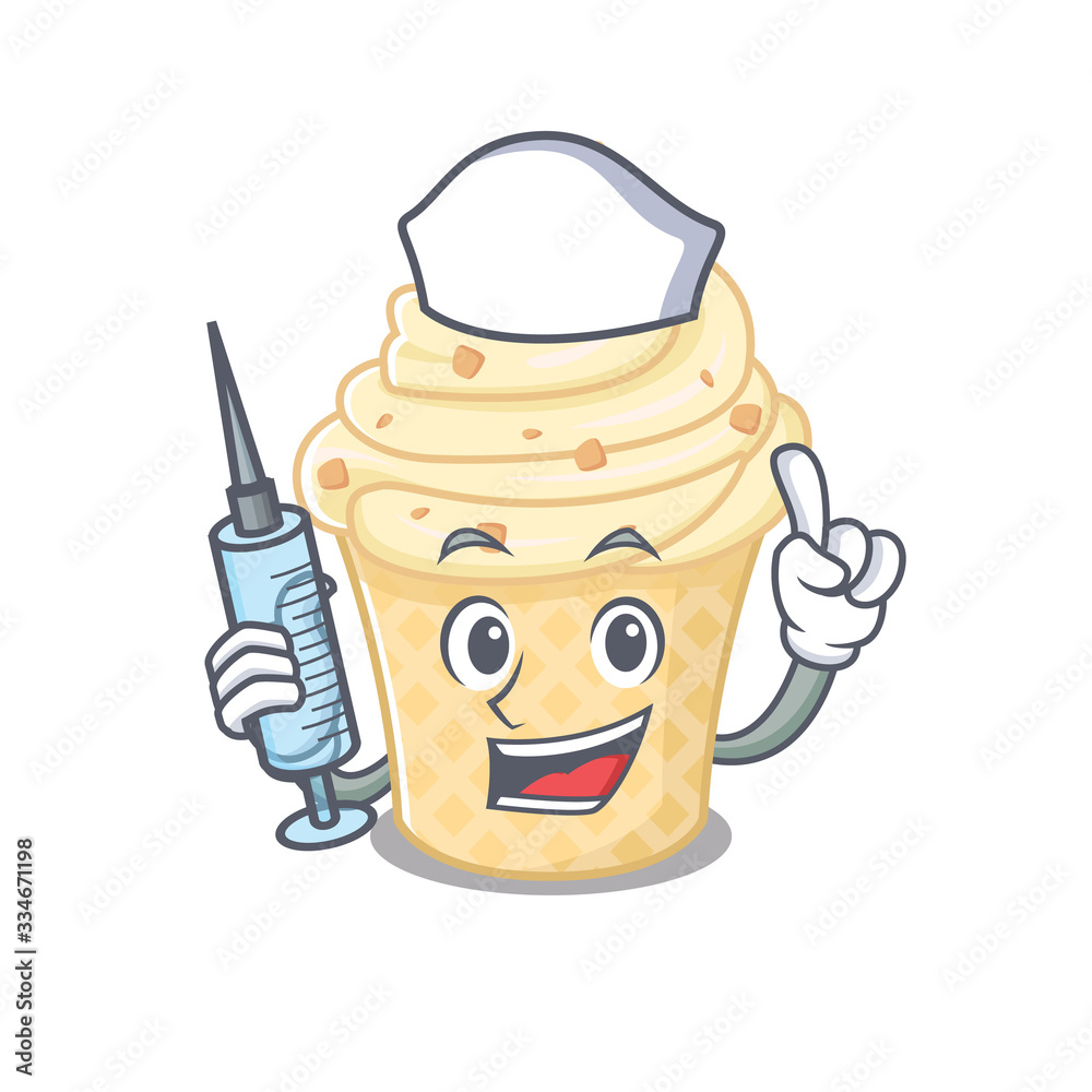 A nice nurse of vanilla ice cream mascot design concept with a syringe