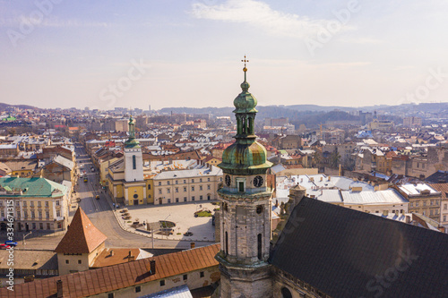 Aerial view on Bernardine church in Lviv from drone