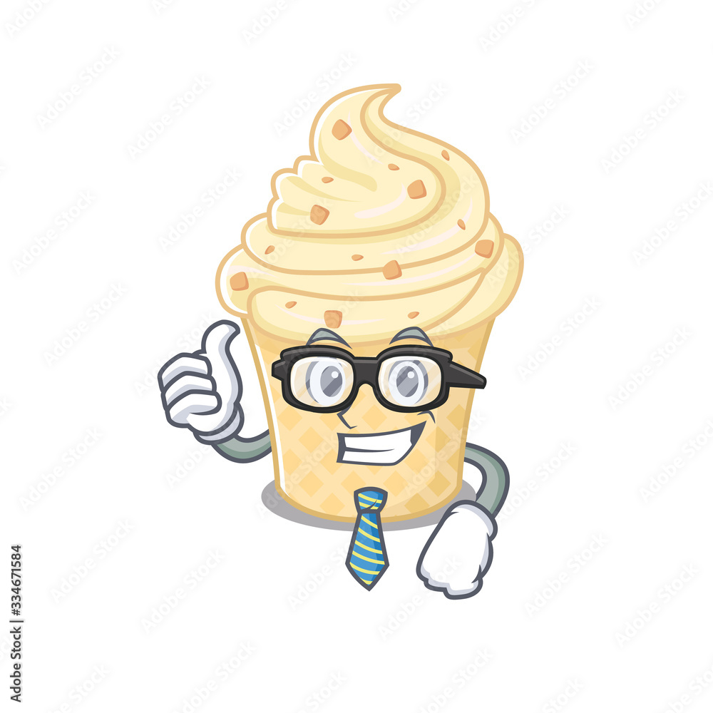An elegant vanilla ice cream Businessman mascot design wearing glasses and tie