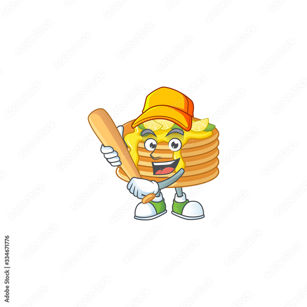 Lemon cream pancake cartoon design concept of hold baseball stick