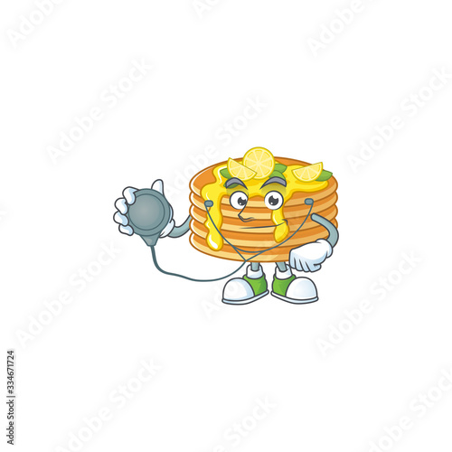 A dedicated Doctor lemon cream pancake Cartoon character with stethoscope