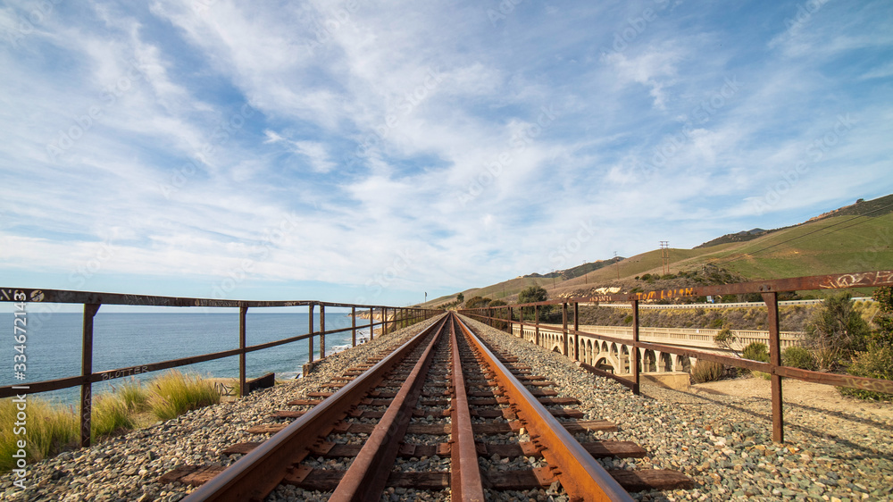 Closeup of train track by the sea and cloudscape in the sky Closeup of train track by the sea and cloudscape in the sky