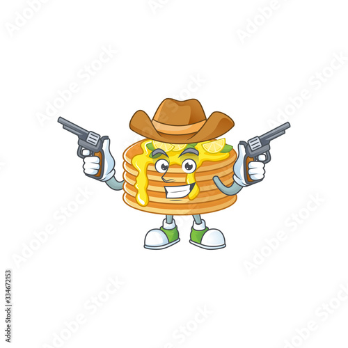 A cowboy cartoon character of lemon cream pancake holding guns