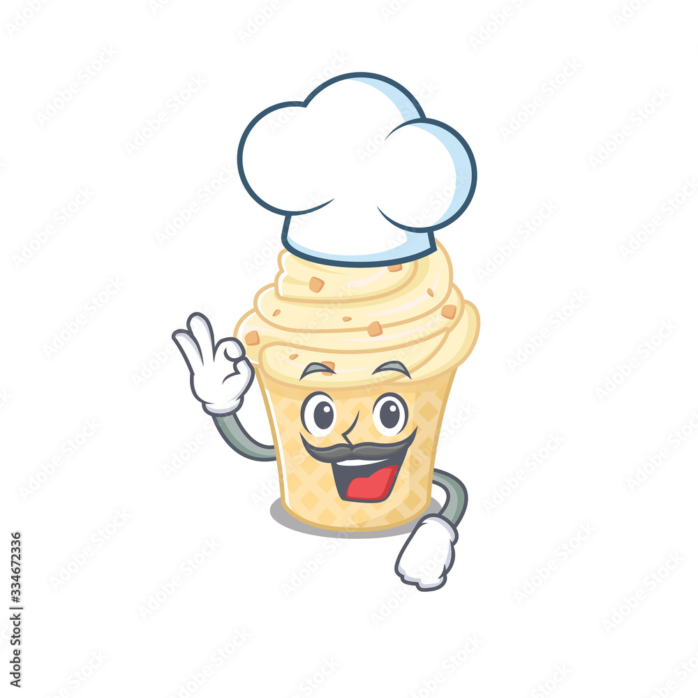 Vanilla ice cream chef cartoon design style wearing white hat Vanilla ice cream chef cartoon design style wearing white hat