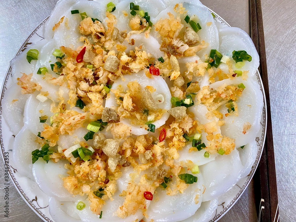 Vietnam rice cake with shredded shrimp, spring onion and fish sauce Vietnam rice cake with shredded shrimp, spring onion and fish sauce