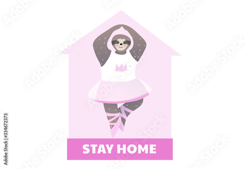 2019-ncov quarantine. Lazy pretty sloth dancing. Lockdown at home. Stay at home type. Coronavirus pandemic panic. Isolated person vector illustration.