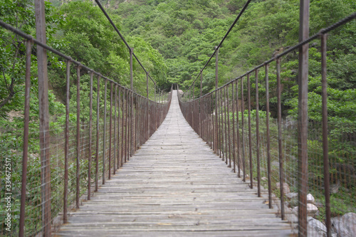 Rope bridge in the green forest in mountain