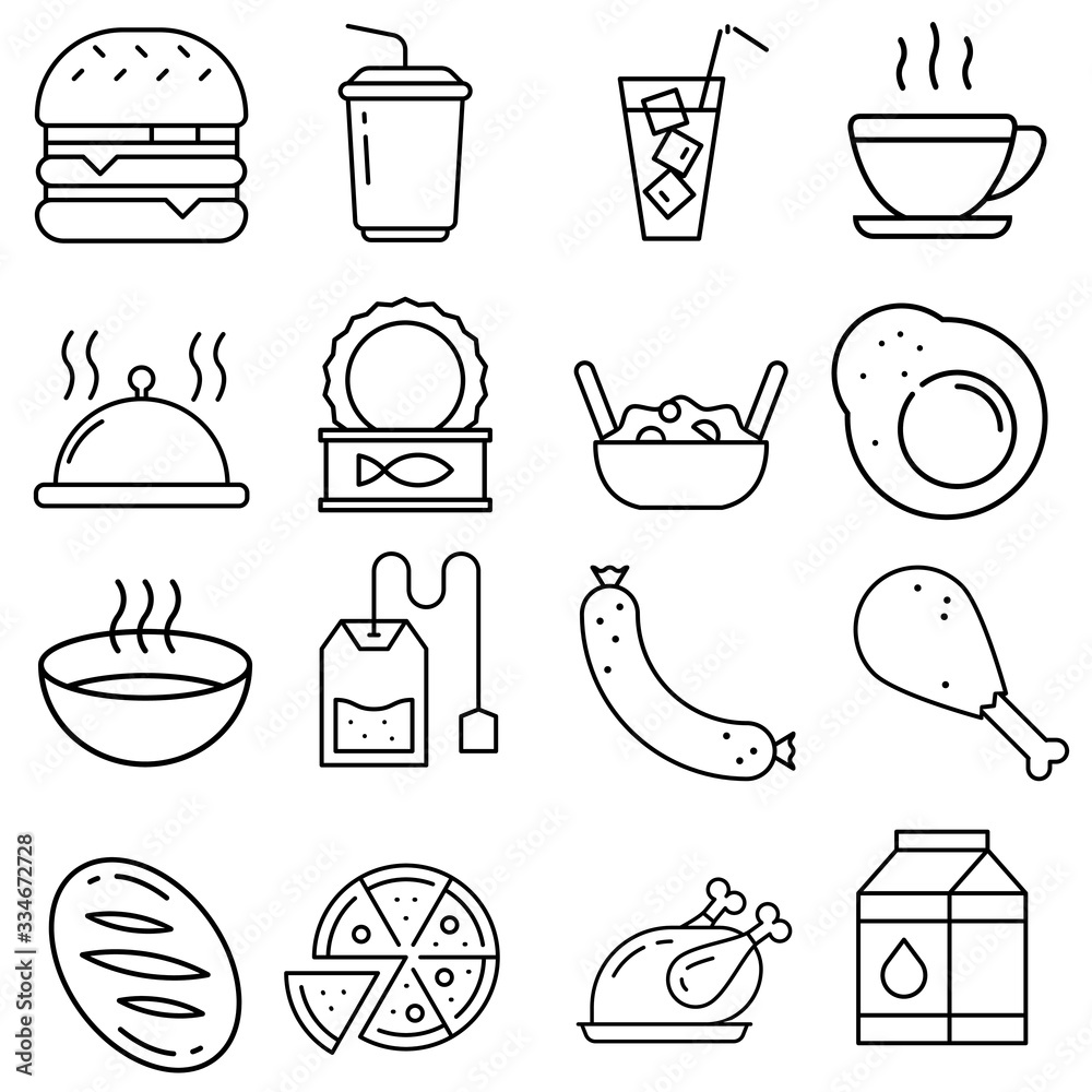 food and drink isons vector set. funeral illustration sign collection. kitchen symbol. Cook logo.