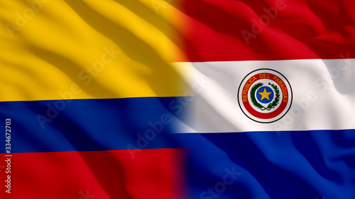 Waving Paraguay and Colombia National Flags with Fabric Texture