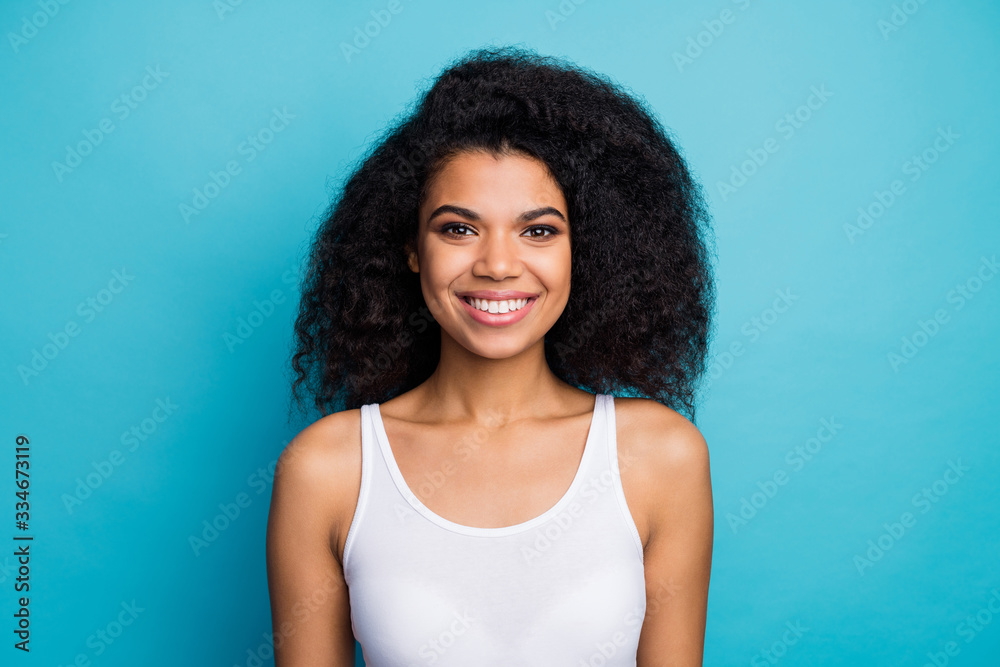 Close-up portrait of her she nice attractive lovely charming pretty cute cheerful cheery wavy-haired girl wearing tanktop isolated over bright vivid shine vibrant blue green color background Close-up portrait of her she nice attractive lovely charming pretty cute cheerful cheery wavy-haired girl wearing tanktop isolated over bright vivid shine vibrant blue green color background