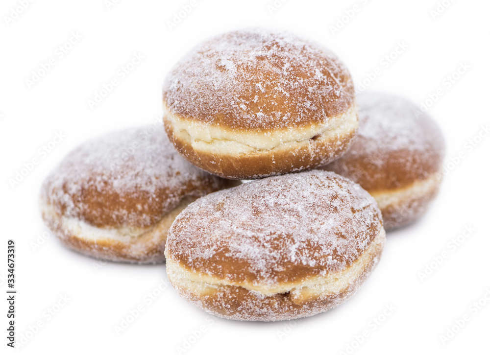 Berliner Doughnuts as detailed close-up shot isolated on white background (selective focus)