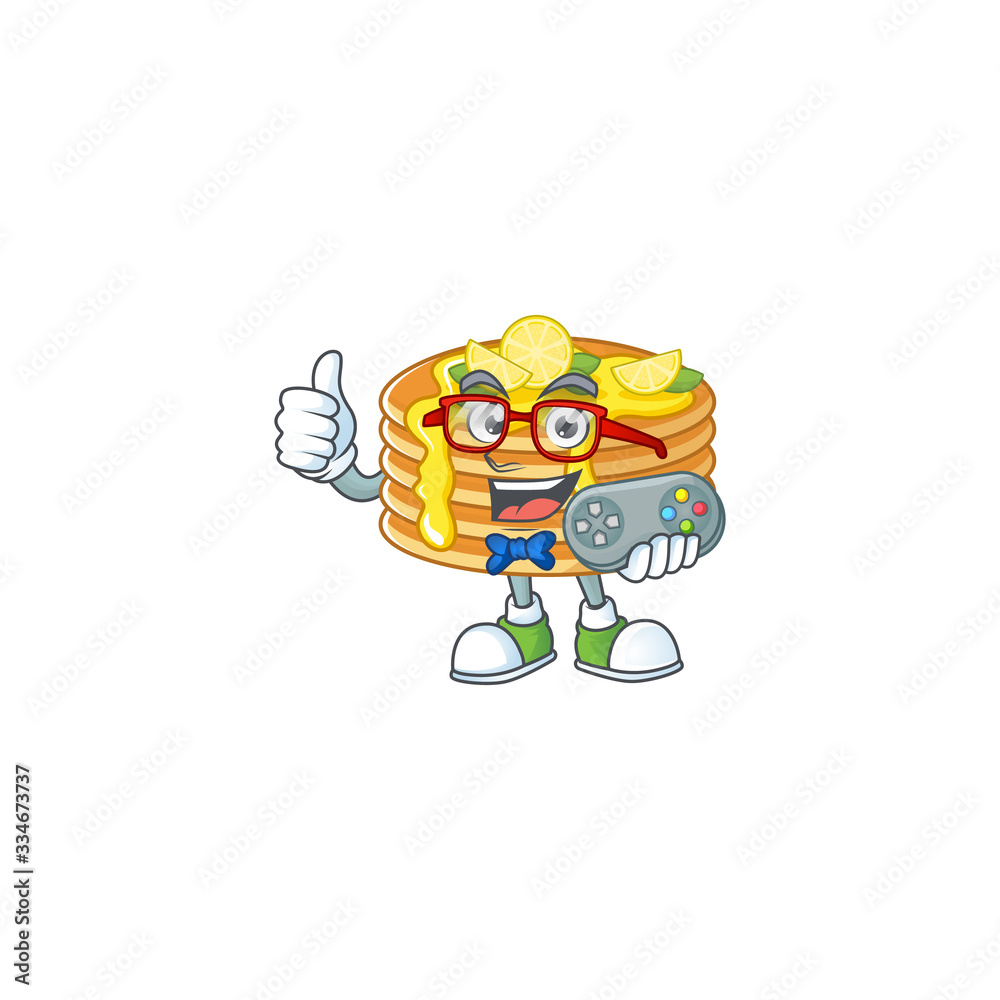Lemon cream pancake talented gamer mascot design play game with controller Lemon cream pancake talented gamer mascot design play game with controller