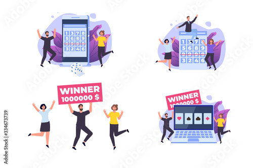 Flat lottery or Bingo, Gambling business concept. Tiny winer persons. Vector illustration.