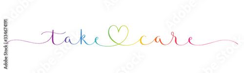 TAKE CARE rainbow-colored vector brush calligraphy banner with swashes