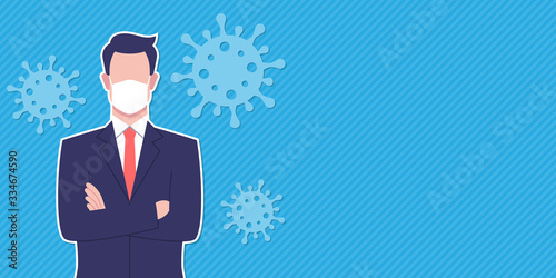 Portrait businessman arms crossed with mask on virus blue illustration background copy space