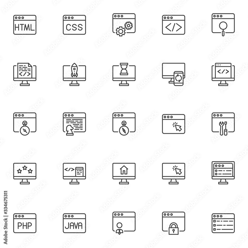 Web Development line icons set. SEO linear style symbols collection, outline signs pack. vector graphics. Set includes icons as search engine optimization, website coding, HTML code, JAVA programming