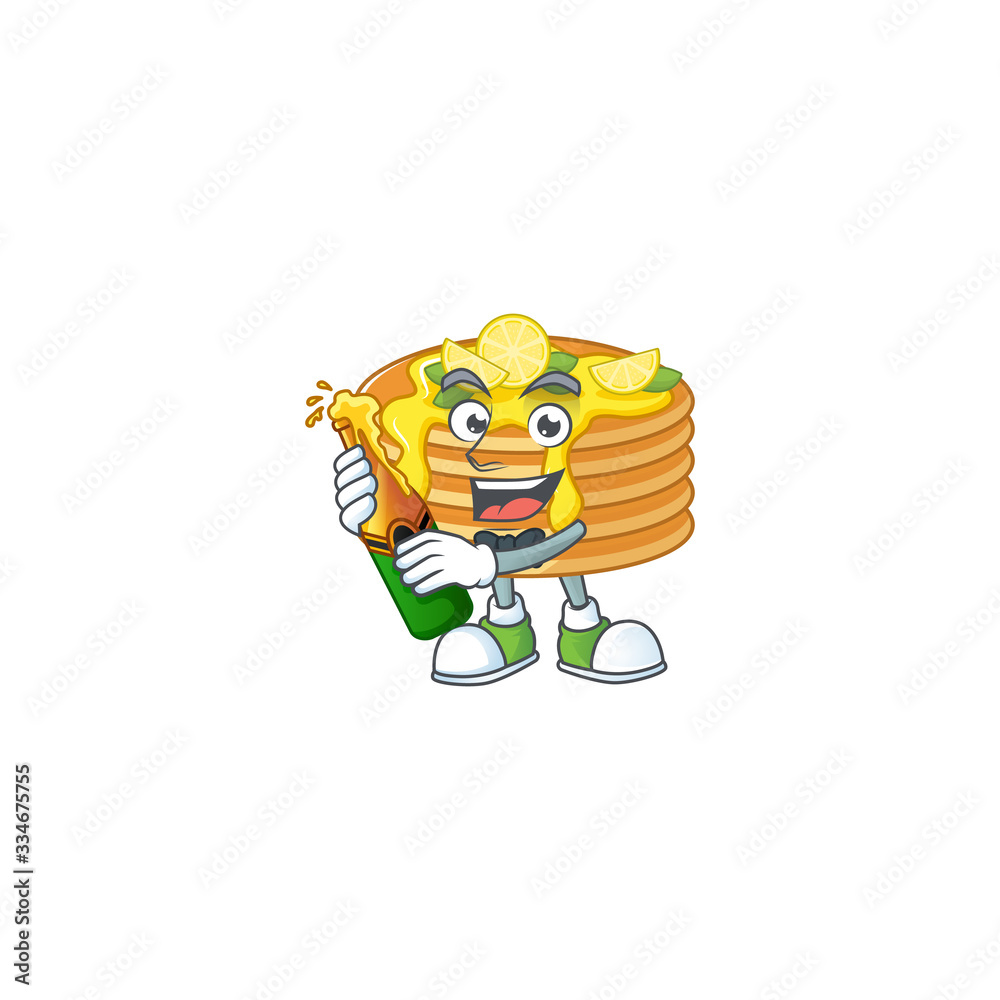 Fototapeta premium Mascot cartoon design of lemon cream pancake making toast with a bottle of beer