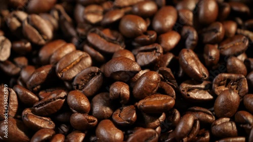 Rotation around grains. Coffee beans. Coffee. Drink. The production of coffee. Close-up.