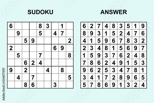 Vector sudoku with answer 345. Puzzle game with numbers.