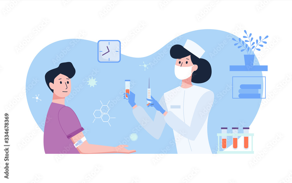 Female doctor in white medical uniform takes blood tests from a patient and holds a syringe and test tube in his hands. Flat vector illustration