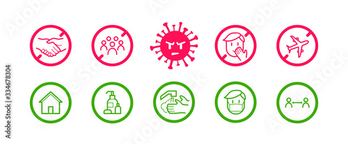 Coronavirus icon set for infographic with prevention tips and recommendations. Isolated corona virus flat signs with precautions and preventions to stop spreading. Vector