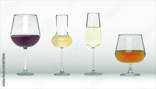 Vector 3D Transparent Red Wine, Liquor, Champagne And Cognac Glasses