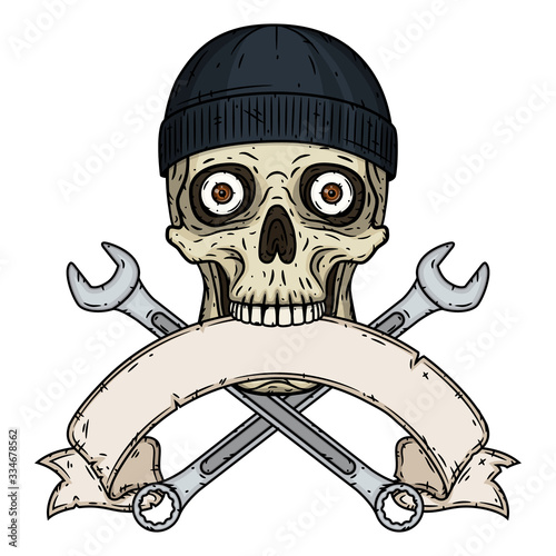 Skull with tools. Skull with crossed wrenches and ribbon for your text. Vector skull with spanner.