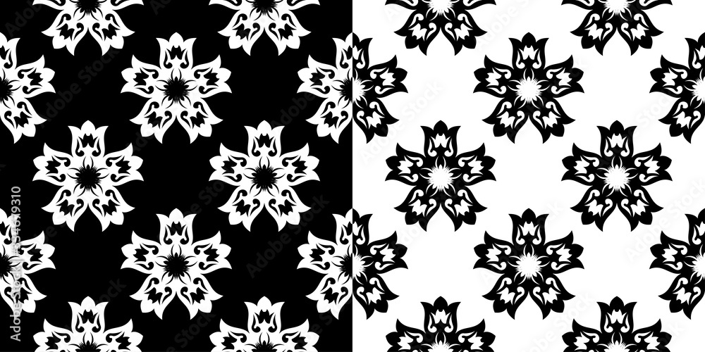 Floral seamless patterns. Black and white backgrounds compilation