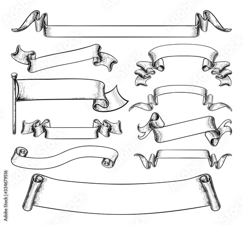 A set of scrolls, flags, pa...