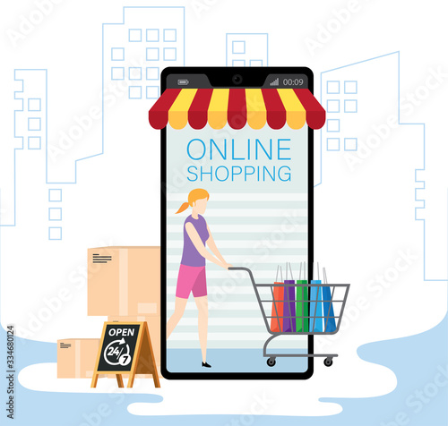 Mobile application for shopping, Online supermaket, Smartphone with shopping app.