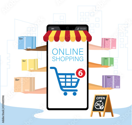 Mobile application for shopping, Online supermaket, Smartphone with shopping app.