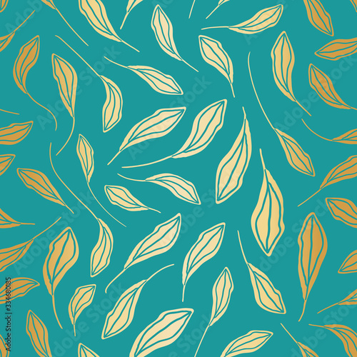 Gold foil leaves seamless vector pattern background. Modern stylish hand drawn foliage metallic backdrop. Elegant teal all over print for luxury spa packaging, Golden Wedding anniversary stationery