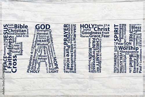 Word faith written with christian words on white wooden background. Christian background