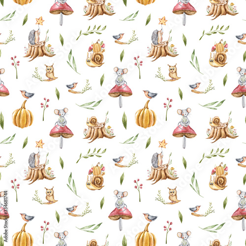 Watercolor hand painted seamless pattern. Cute mouse, snail, hedgehog, pumpkin, mushroom, owl, bird on white background. Perfect for scrapbooking, fabric, wallpaper, kids bed clothing, wrapping paper.