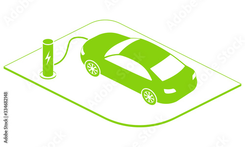 Electric car charging concept. Green isometric vehicle at the charger station. Vector illustration.