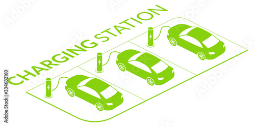 Electric car charging concept. Green isometric vehicles at the charging station. Vector illustration.