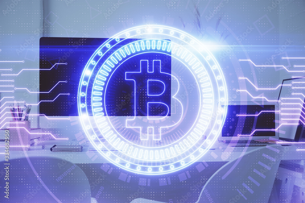 Multi exposure of blockchain and crypto economy theme hologram and table with computer background. Concept of bitcoin cryptocurrency. Multi exposure of blockchain and crypto economy theme hologram and table with computer background. Concept of bitcoin cryptocurrency.